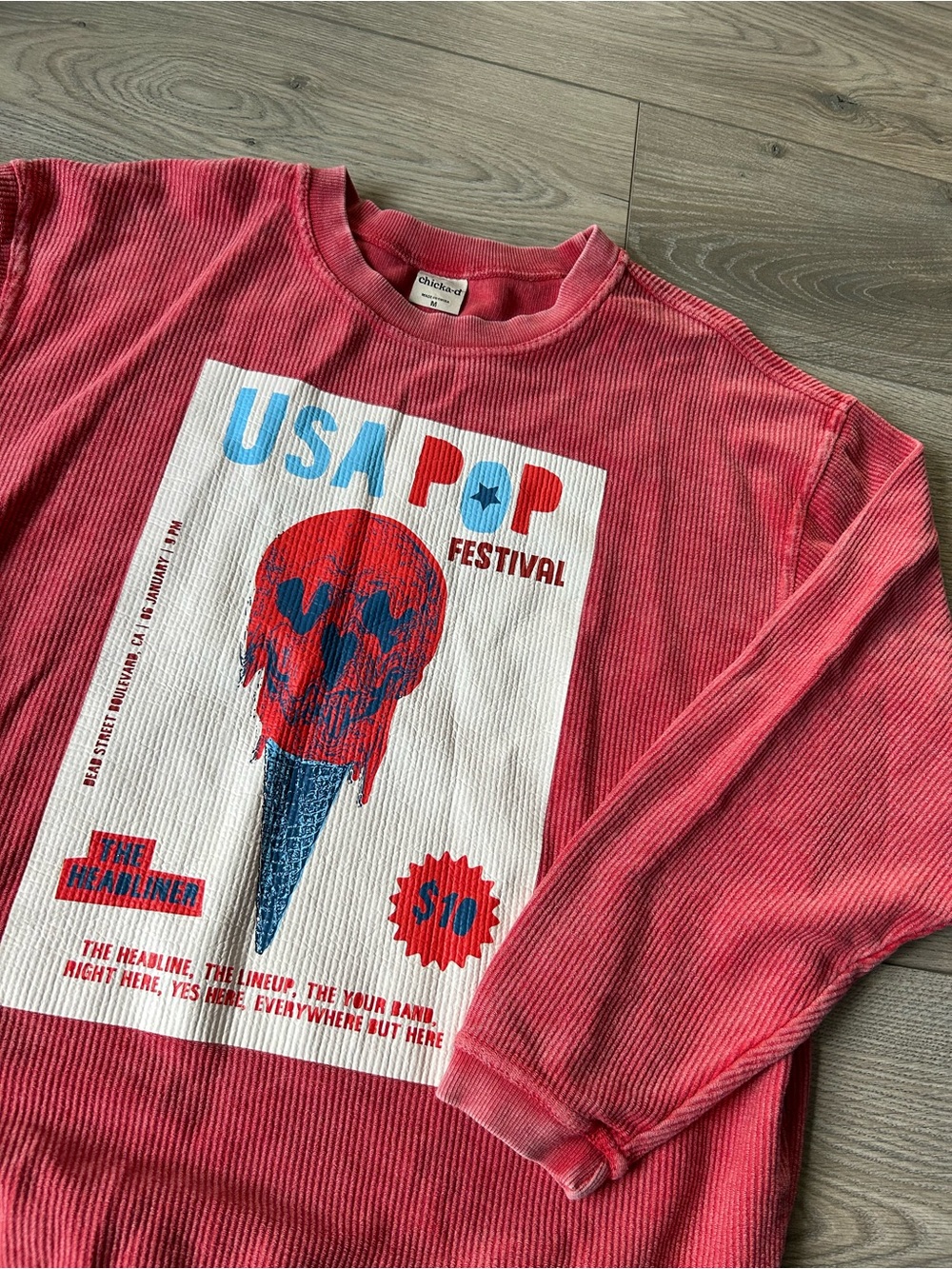 Chicka- D USA Pop Festival Corduroy Crewneck Skull Sweatshirt Size Medium